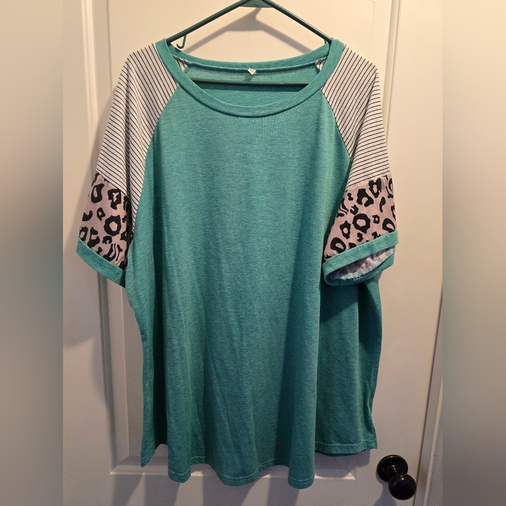 Teal Women's Top with Striped and Leopard Print Sleeves